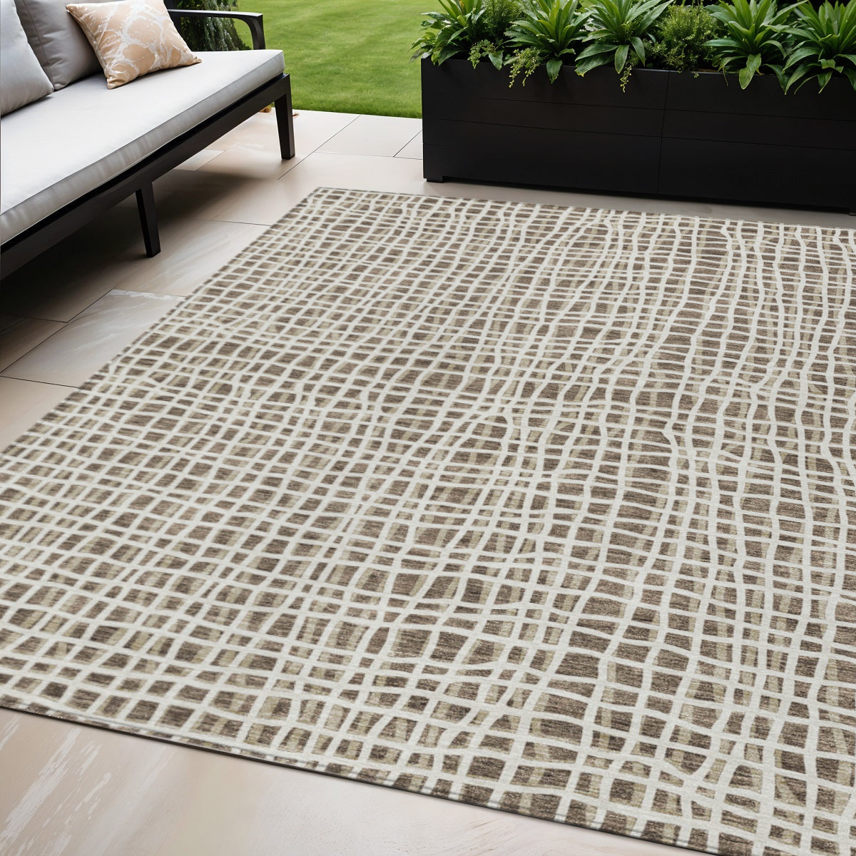 5' X 8' Brown Beige And Ivory Striped Washable Indoor Outdoor Area Rug