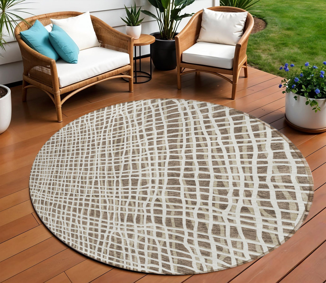 8' Brown Beige And Ivory Round Striped Washable Indoor Outdoor Area Rug