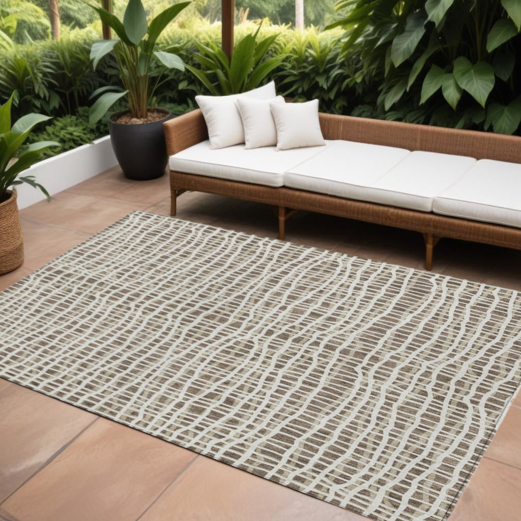 9' X 12' Brown Beige And Ivory Striped Washable Indoor Outdoor Area Rug
