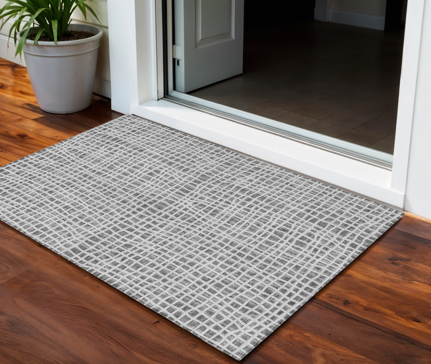3' X 5' Gray Charcoal And Silver Striped Washable Indoor Outdoor Area Rug