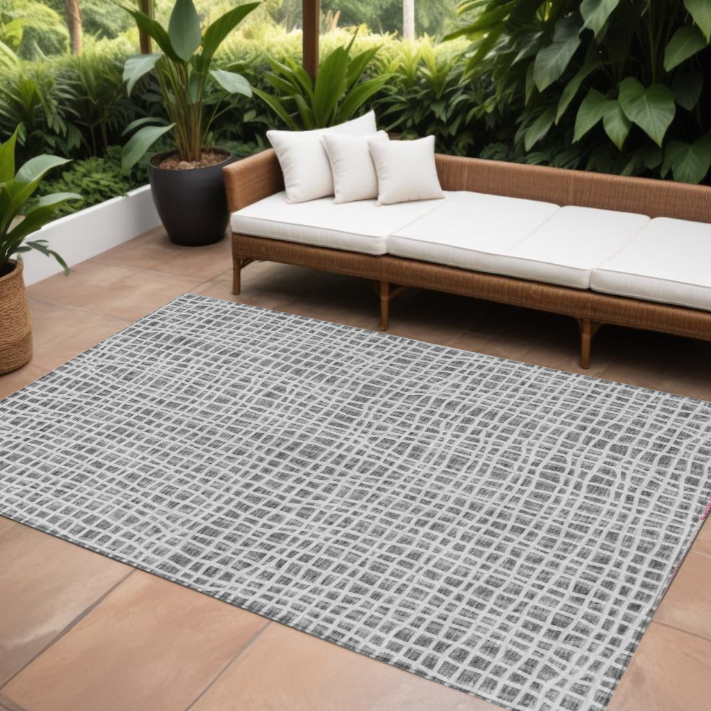 9' X 12' Gray Charcoal And Silver Striped Washable Indoor Outdoor Area Rug