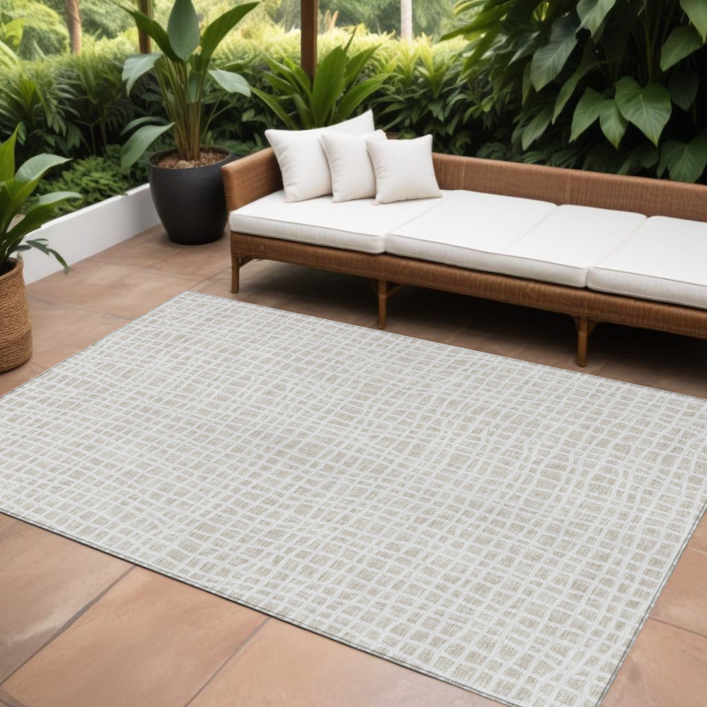 9' X 12' Ivory And Beige Striped Washable Indoor Outdoor Area Rug