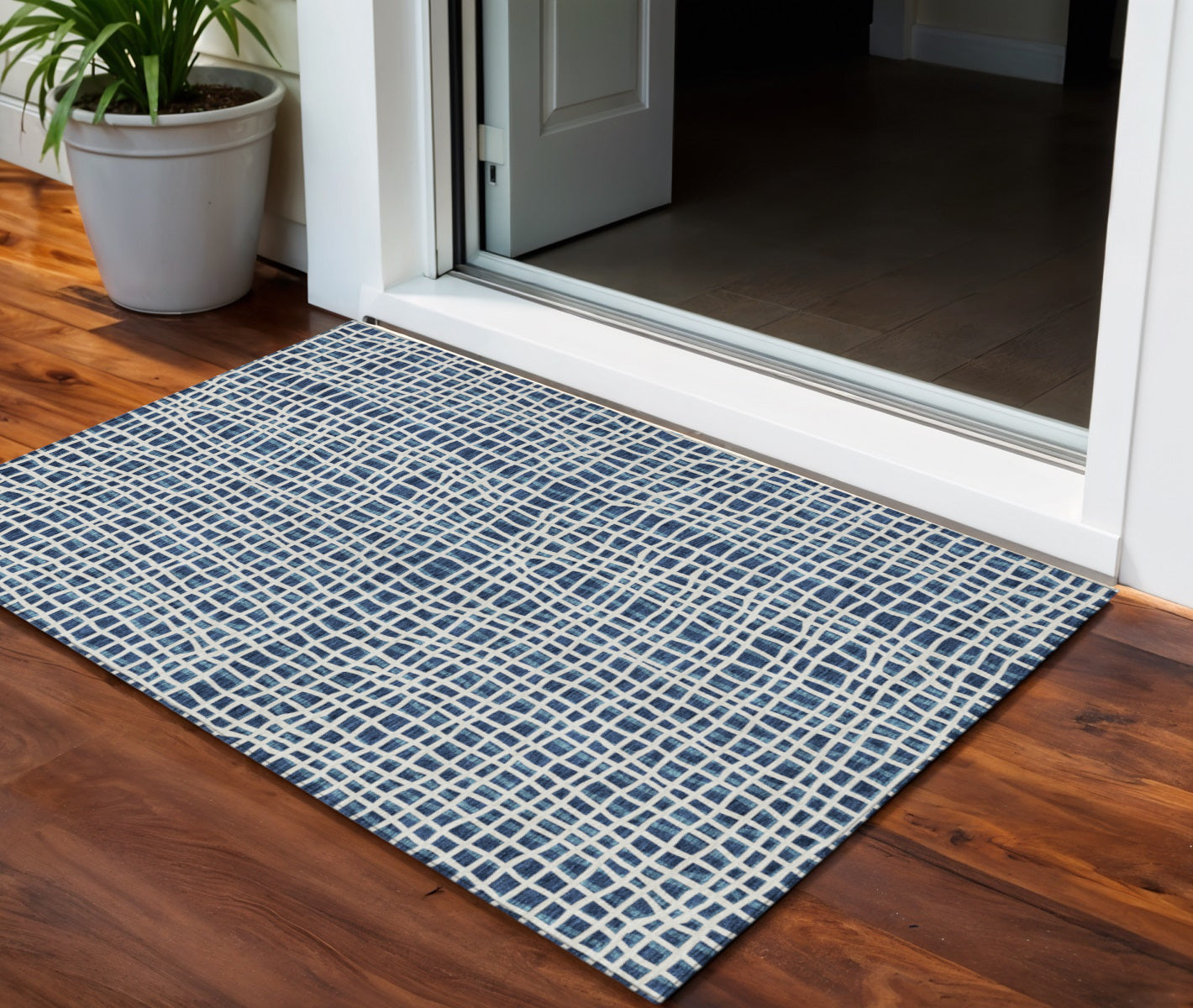 3' X 5' Navy Blue And Ivory Striped Washable Indoor Outdoor Area Rug