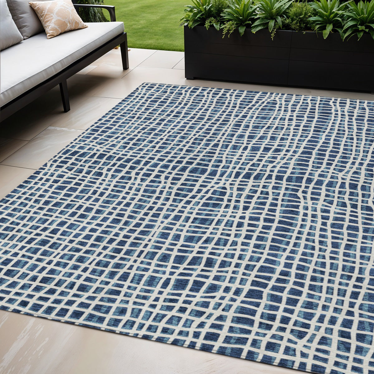 5' X 8' Navy Blue And Ivory Striped Washable Indoor Outdoor Area Rug