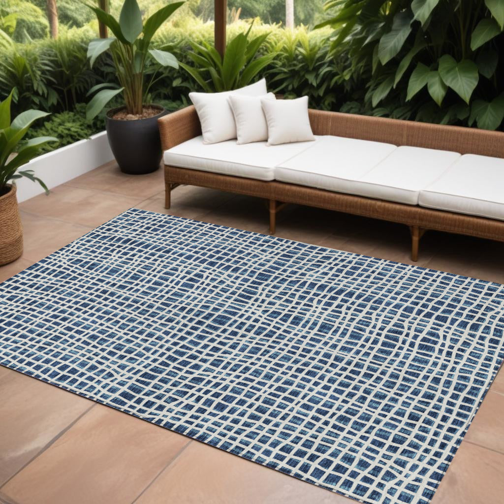 9' X 12' Navy Blue And Ivory Striped Washable Indoor Outdoor Area Rug