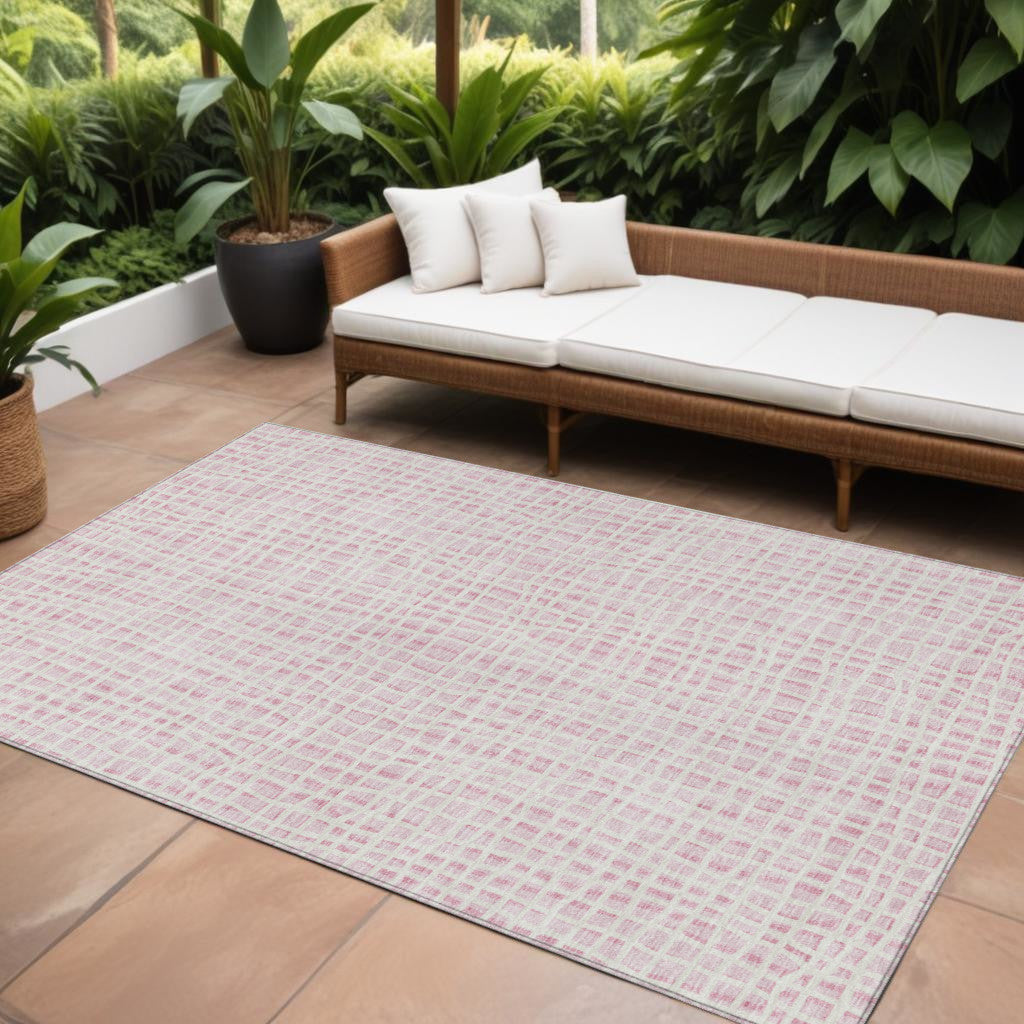 9' X 12' Pink And Ivory Striped Washable Indoor Outdoor Area Rug