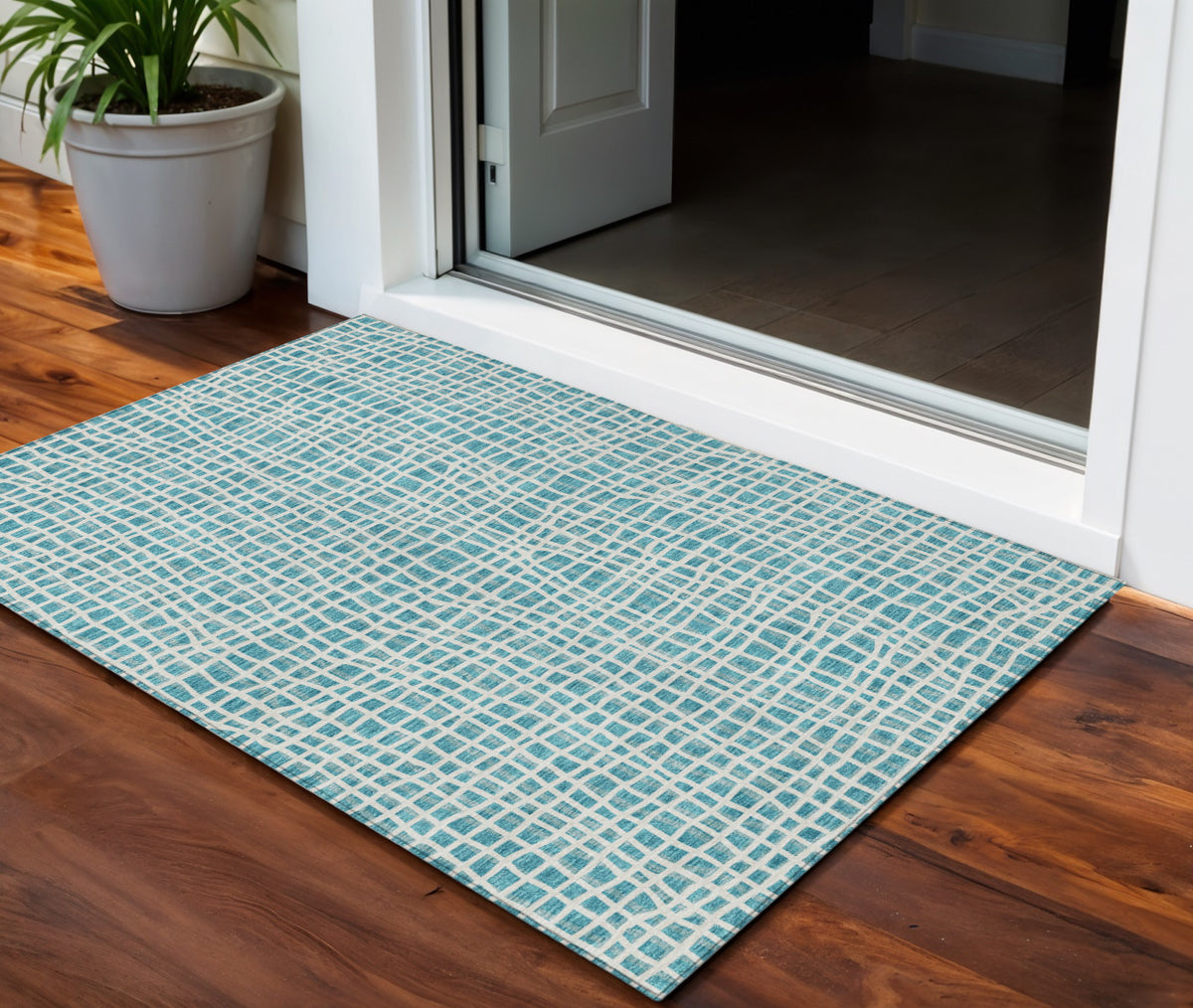 3' X 5' Teal Blue And Ivory Striped Washable Indoor Outdoor Area Rug