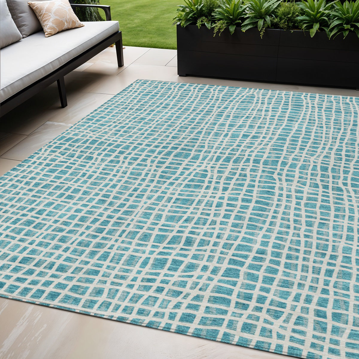 5' X 8' Teal Blue And Ivory Striped Washable Indoor Outdoor Area Rug