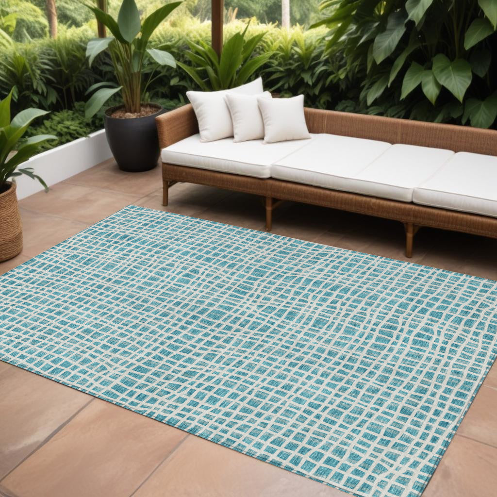 9' X 12' Teal Blue And Ivory Striped Washable Indoor Outdoor Area Rug