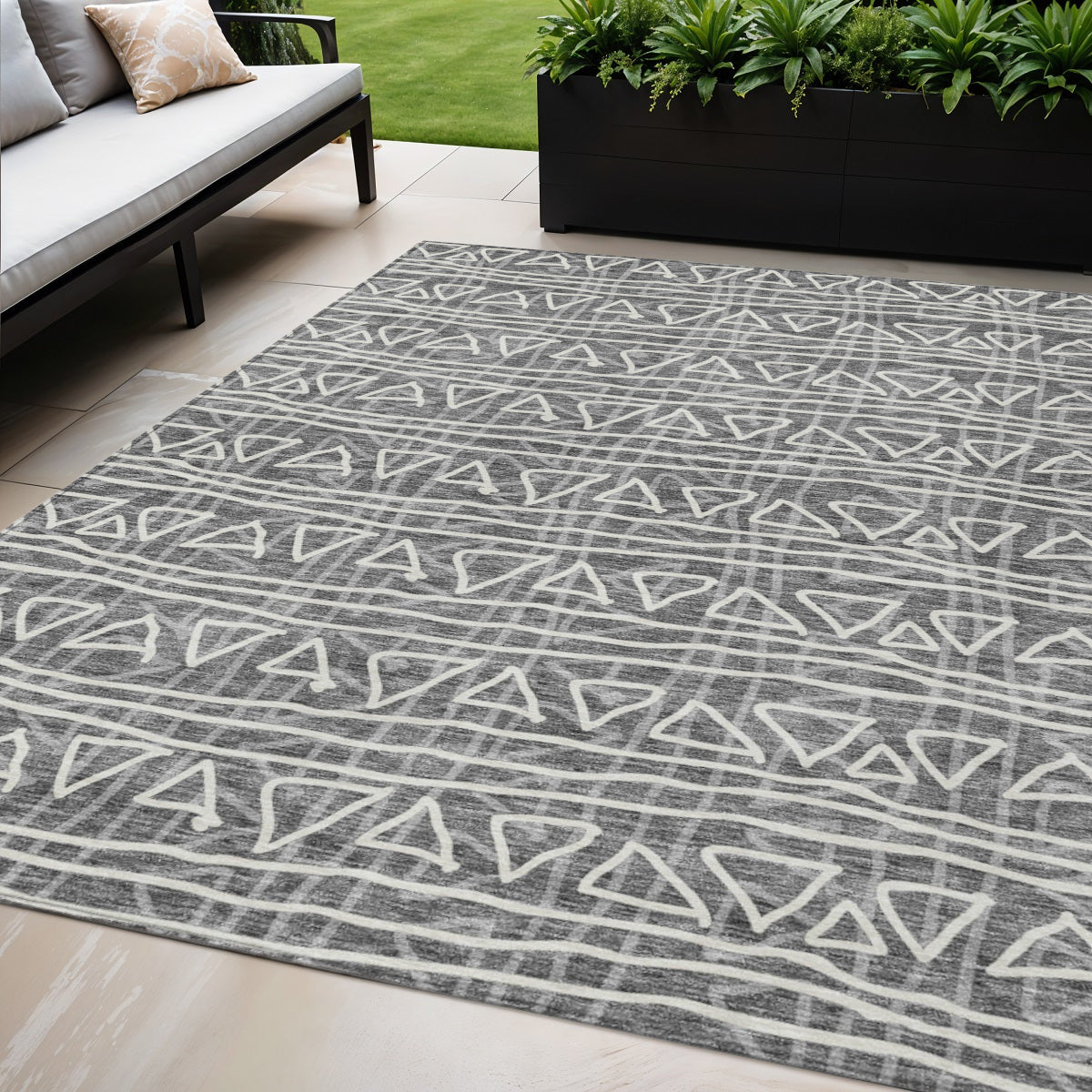 5' X 8' Charcoal Gray And Ivory Geometric Washable Indoor Outdoor Area Rug