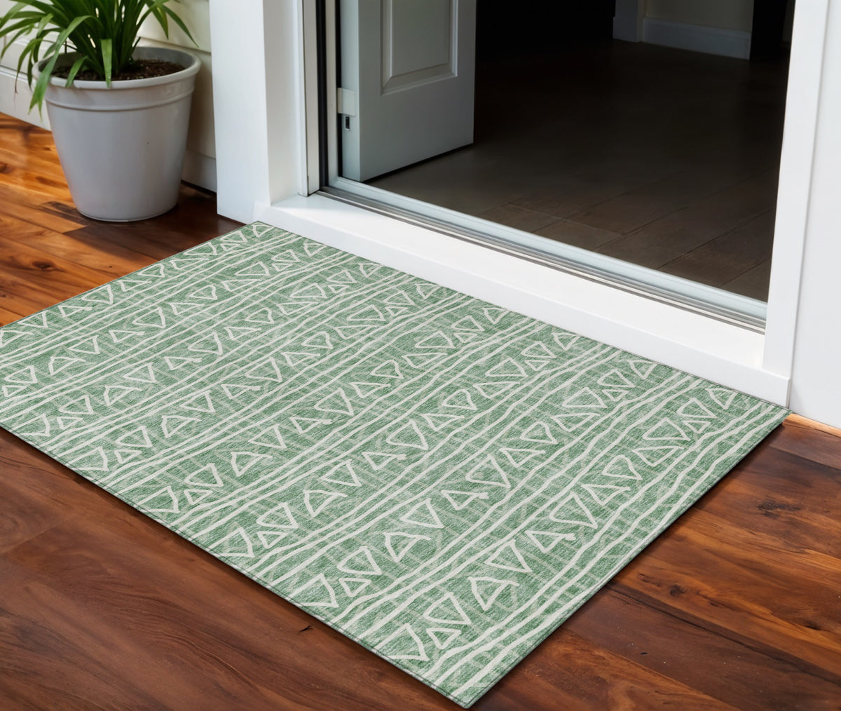 3' X 5' Sage Green And Ivory Geometric Washable Indoor Outdoor Area Rug