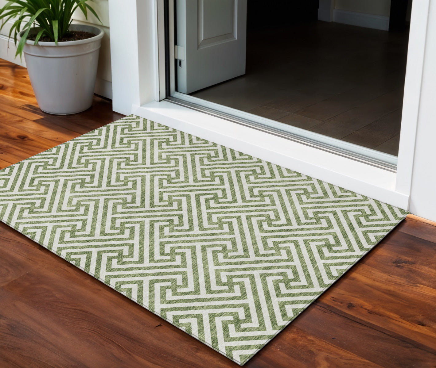 3' X 5' Green And Beige Geometric Washable Indoor Outdoor Area Rug