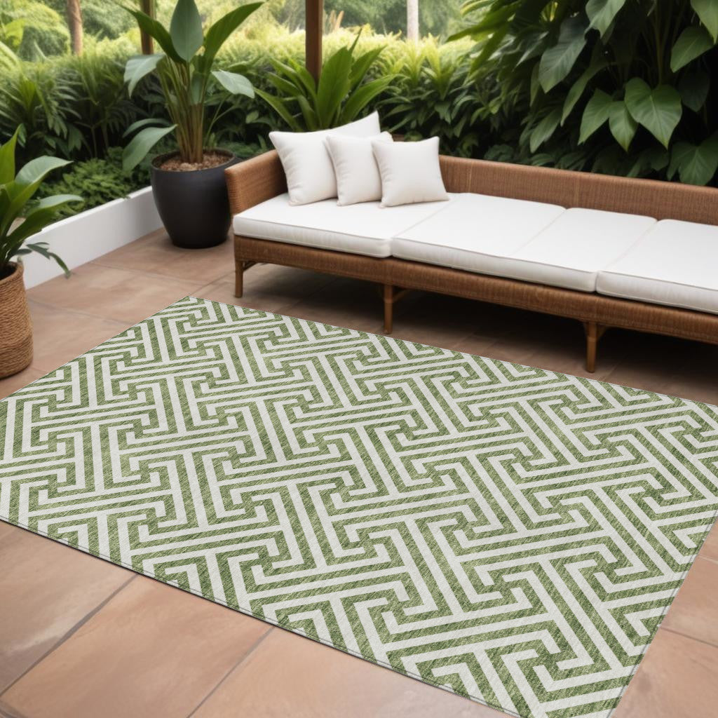 9' X 12' Green And Beige Geometric Washable Indoor Outdoor Area Rug