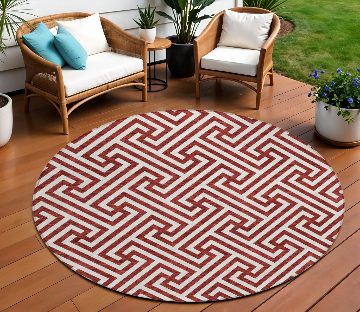 8' Merlot And Ivory Round Geometric Washable Indoor Outdoor Area Rug