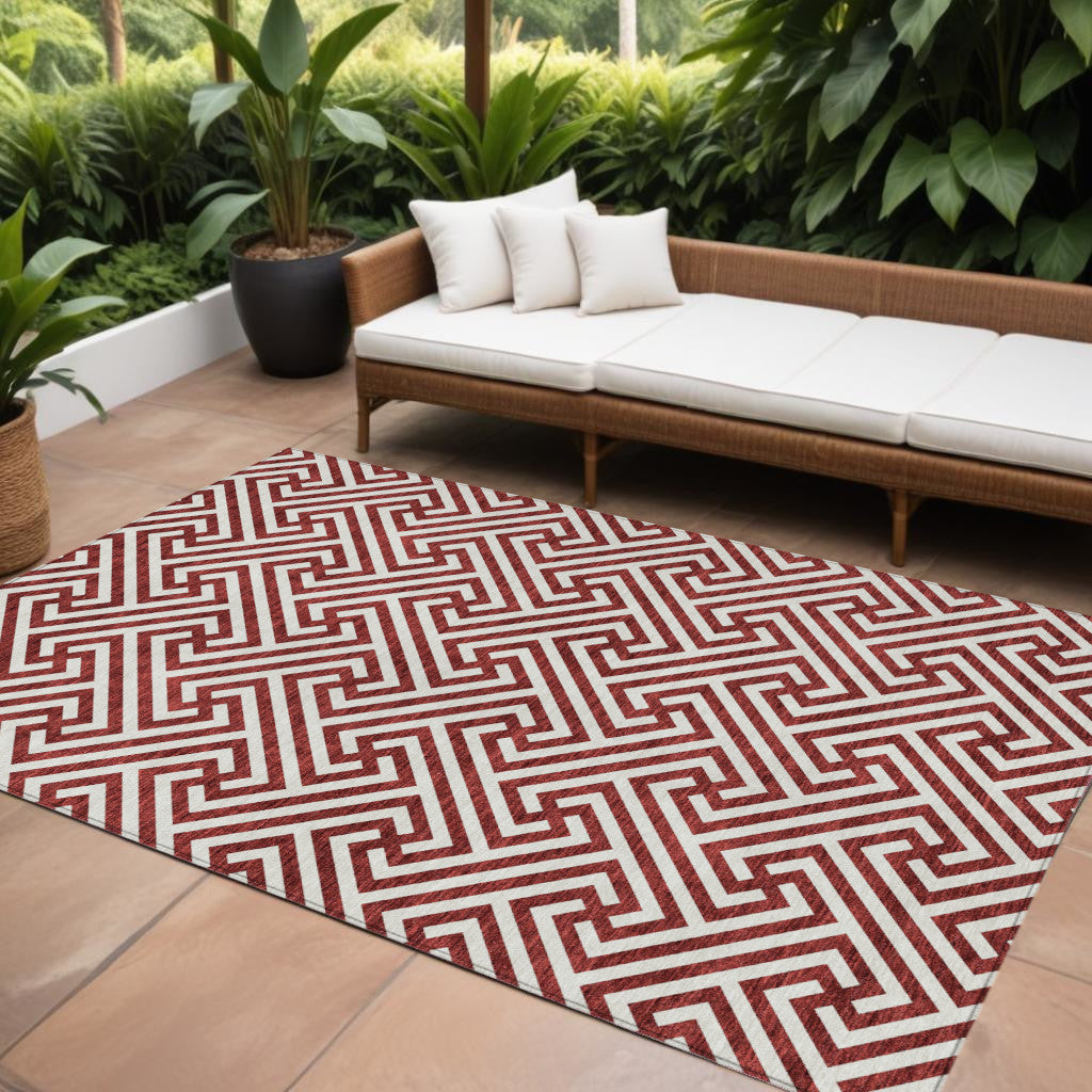 9' X 12' Merlot And Ivory Geometric Washable Indoor Outdoor Area Rug
