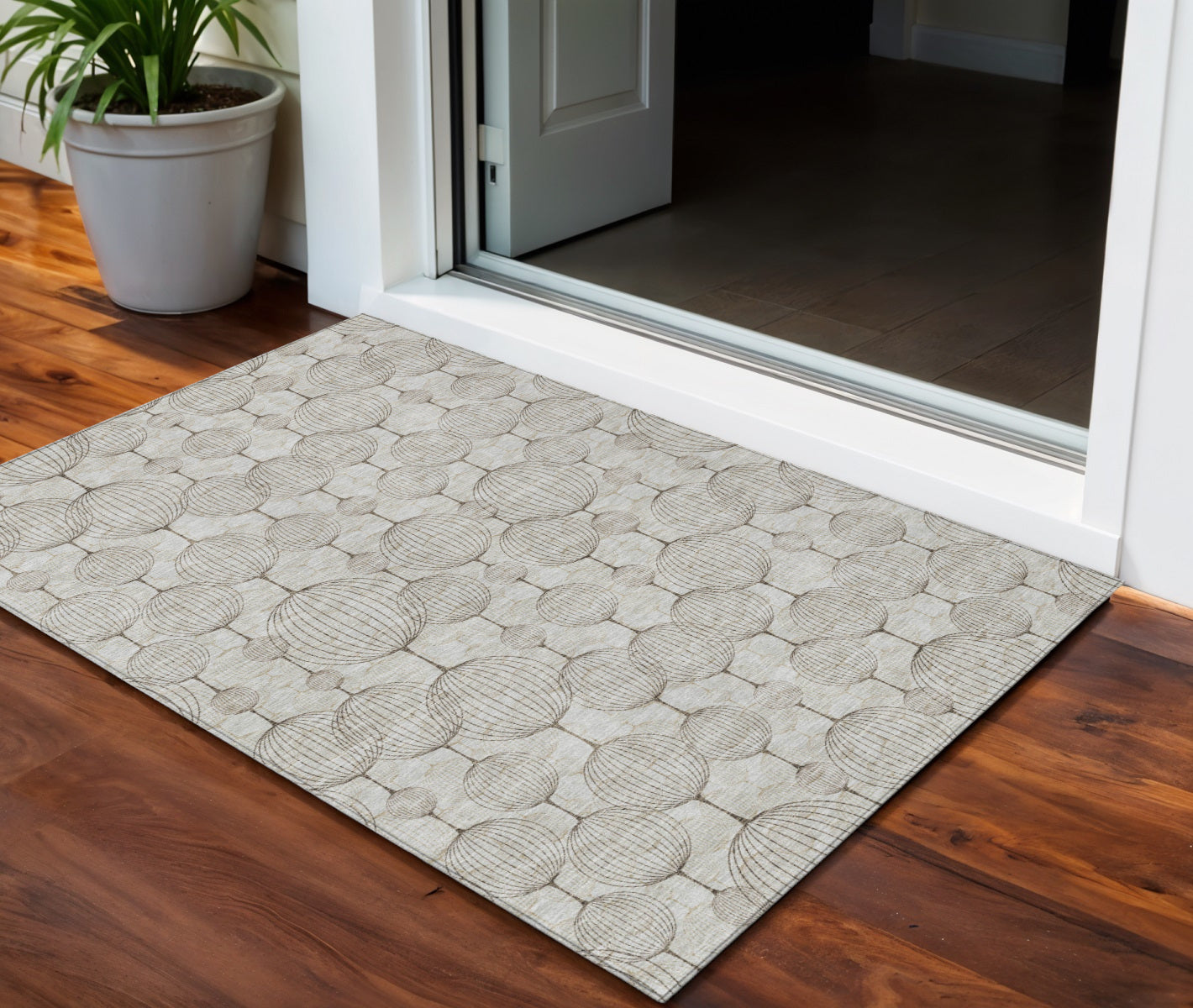 3' X 5' Beige And Brown Geometric Washable Indoor Outdoor Area Rug