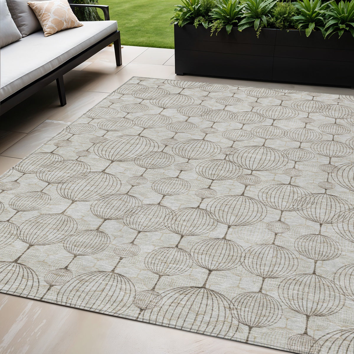 5' X 8' Beige And Brown Geometric Washable Indoor Outdoor Area Rug