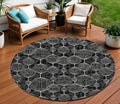 8' Black Charcoal And Ivory Round Geometric Washable Indoor Outdoor Area Rug