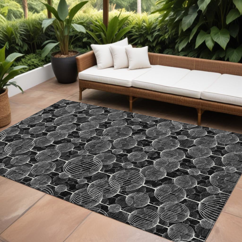 10' X 14' Black Charcoal And Ivory Geometric Washable Indoor Outdoor Area Rug