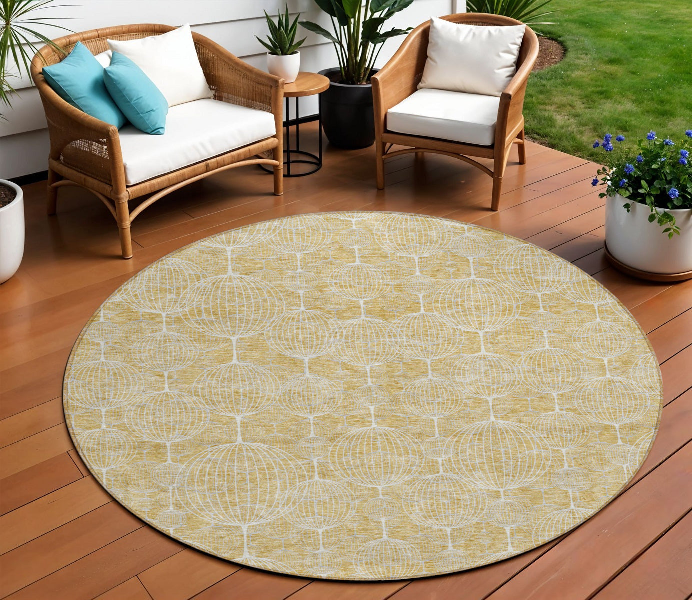 8' Gold Ivory And Beige Round Geometric Washable Indoor Outdoor Area Rug