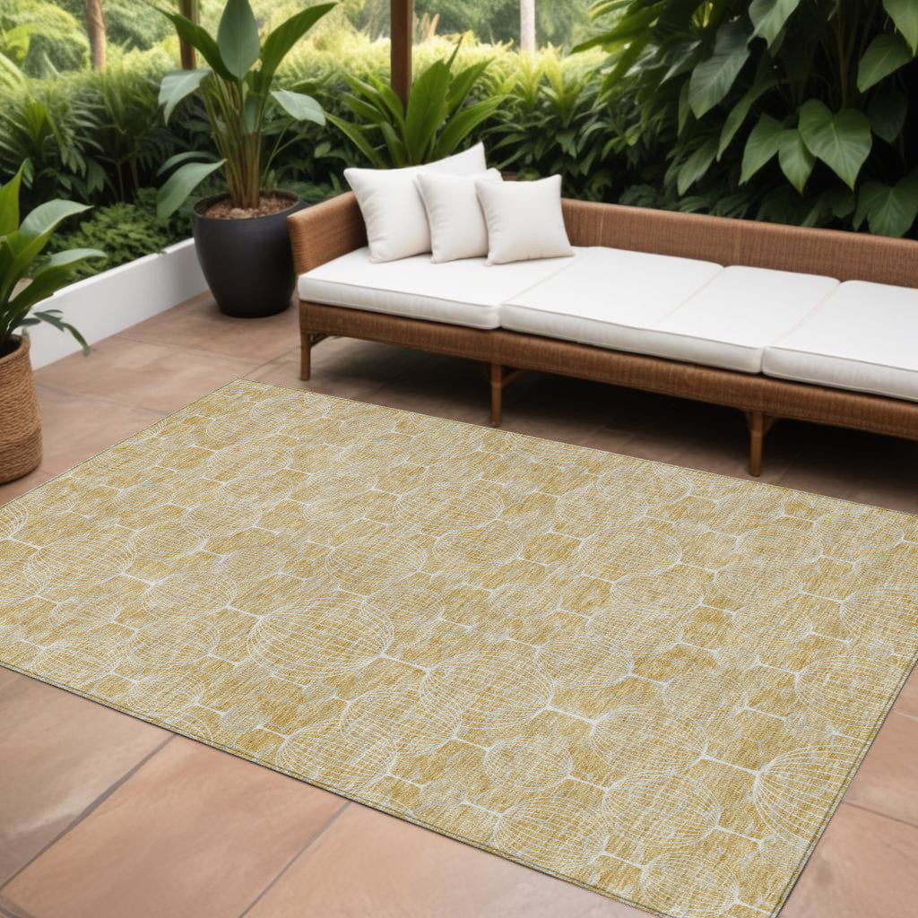 9' X 12' Gold Ivory And Beige Geometric Washable Indoor Outdoor Area Rug