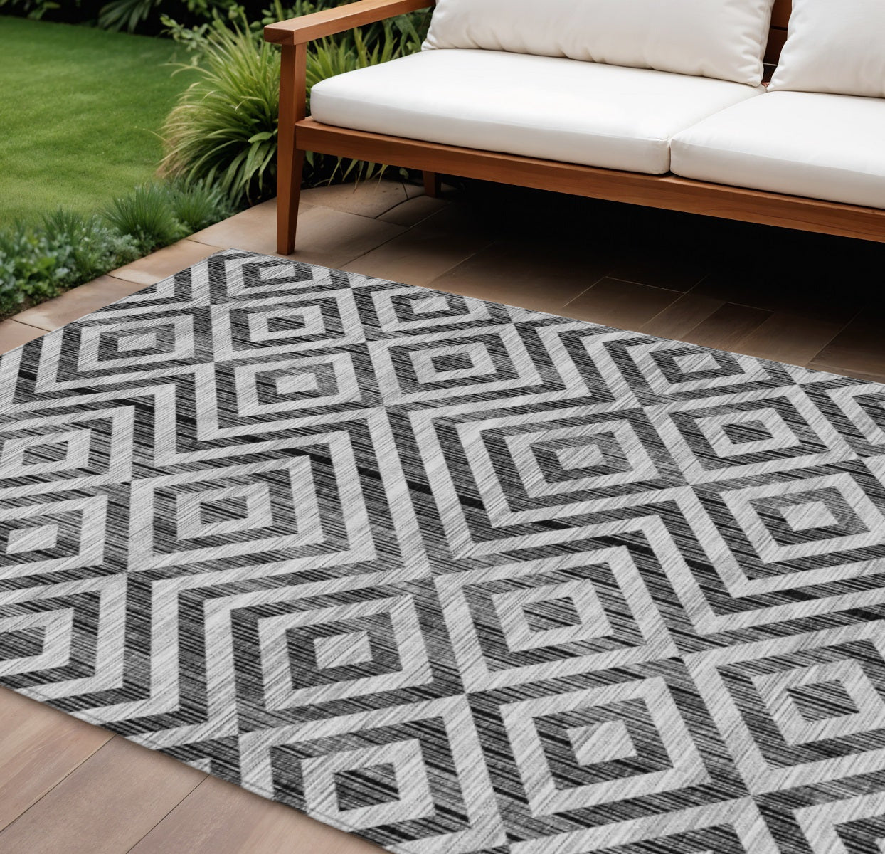 10' X 14' Black Gray And Silver Geometric Washable Indoor Outdoor Area Rug