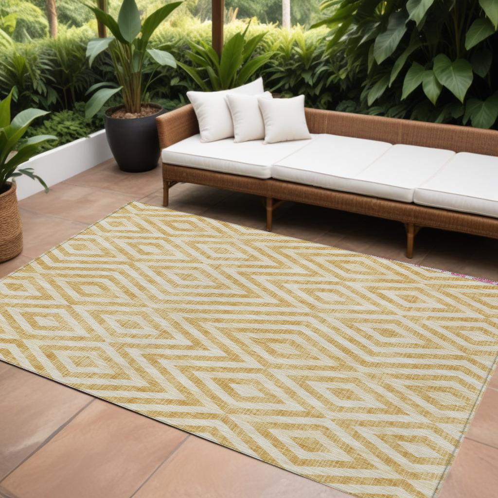 9' X 12' Gold Beige And Ivory Geometric Washable Indoor Outdoor Area Rug