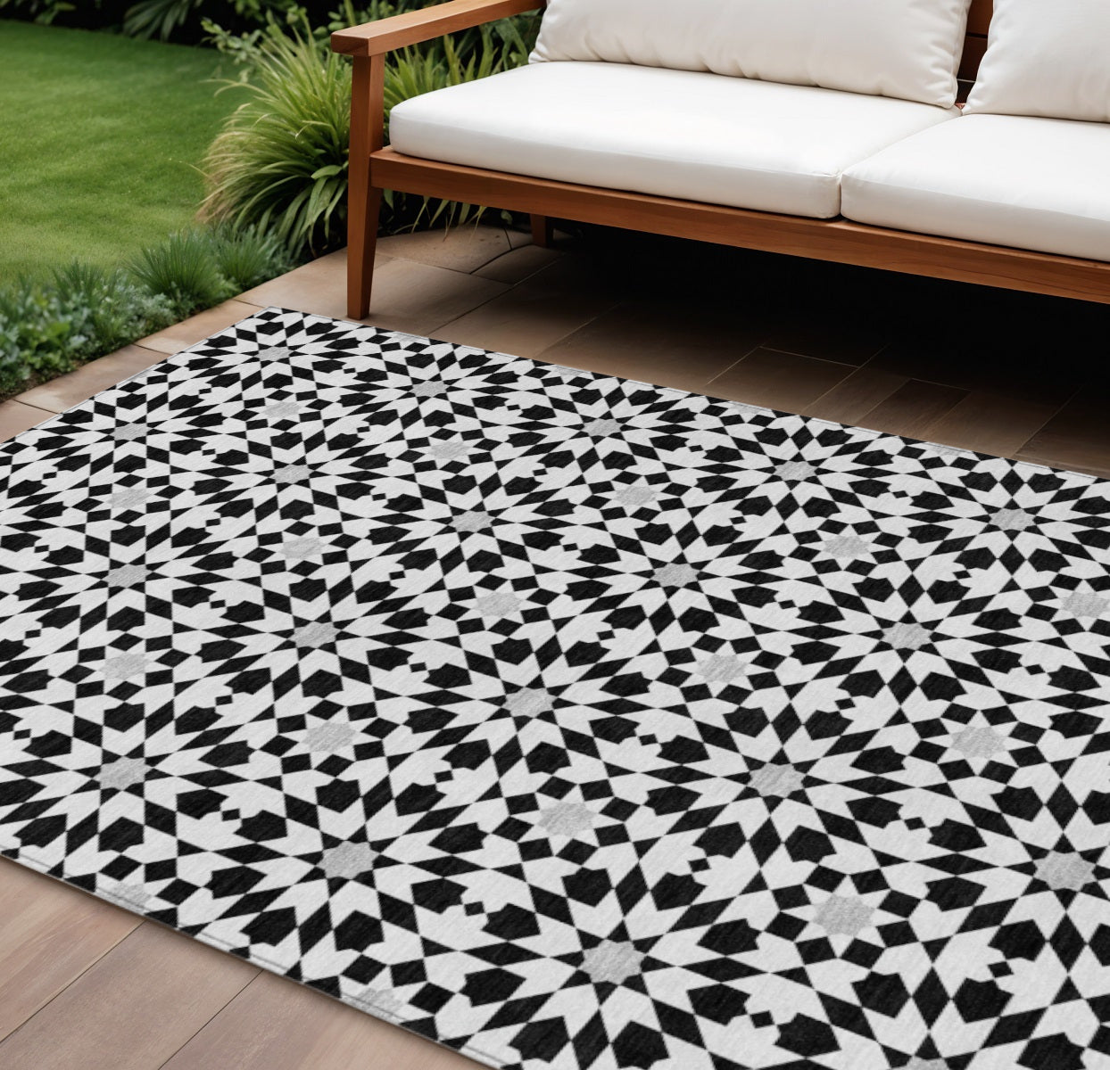 10' X 14' Black Gray And Silver Floral Medallion Washable Indoor Outdoor Area Rug