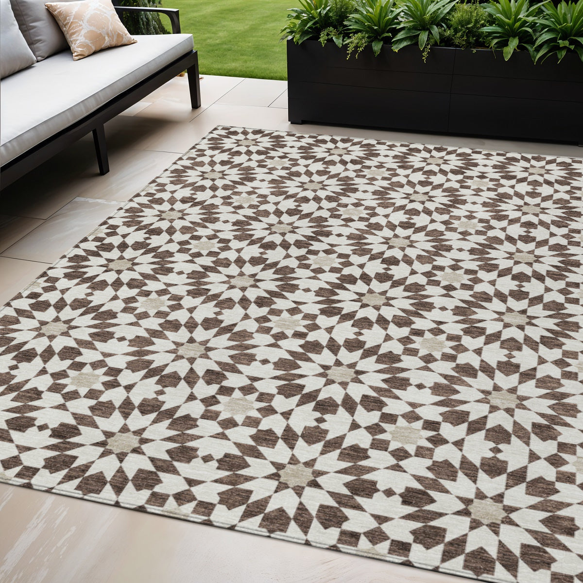 5' X 8' Brown Beige And Ivory Floral Medallion Washable Indoor Outdoor Area Rug