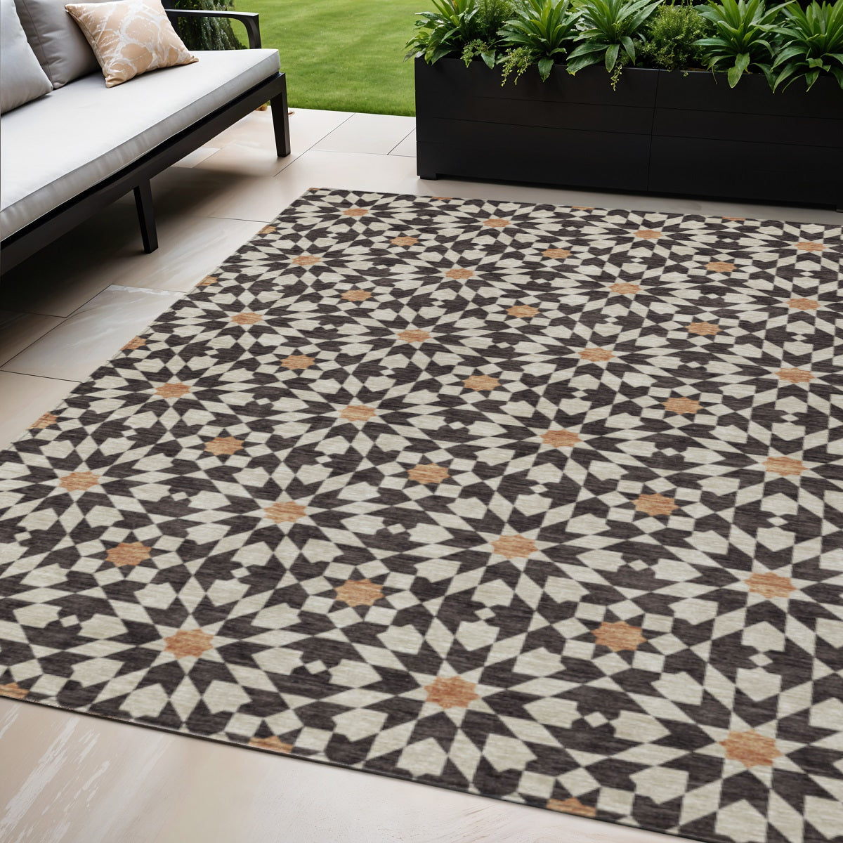 5' X 8' Charcoal Silver And Copper Floral Medallion Washable Indoor Outdoor Area Rug
