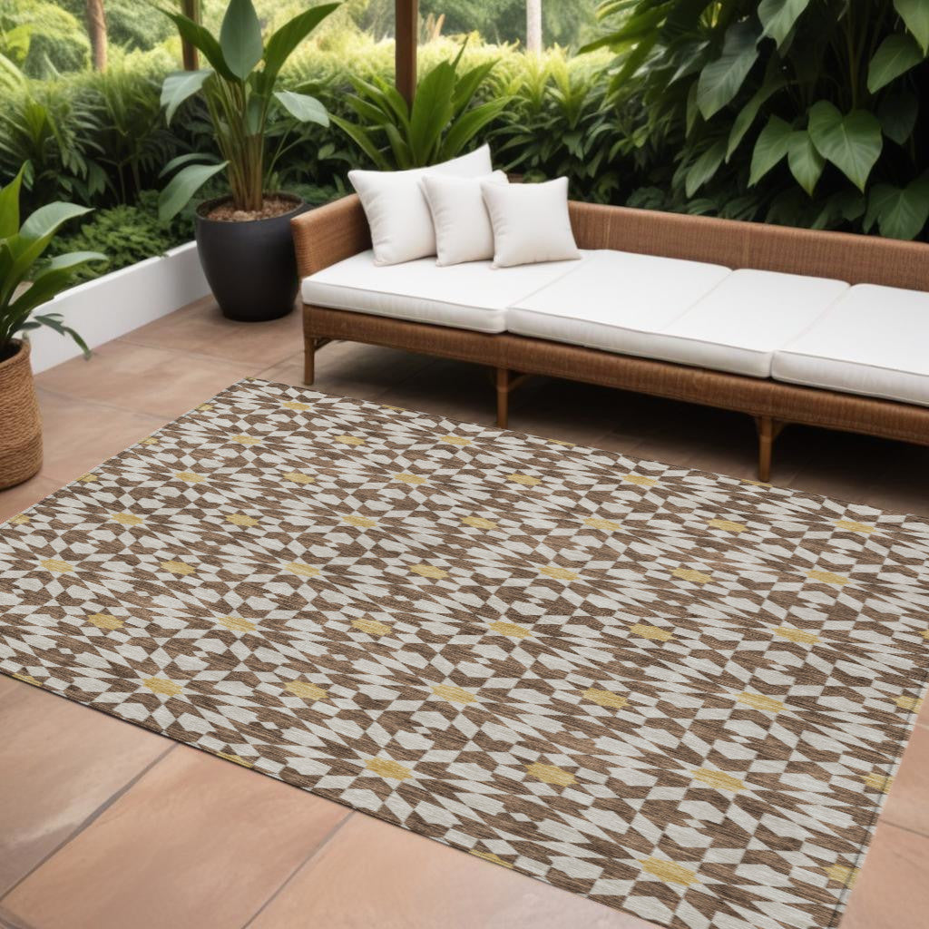 9' X 12' Chocolate Ivory And Gold Floral Medallion Washable Indoor Outdoor Area Rug