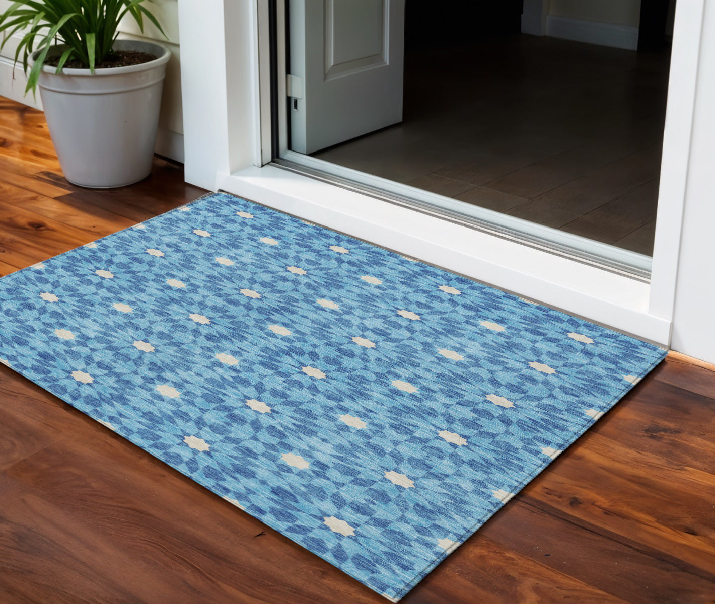 3' X 5' Denim Blue And Ivory Floral Medallion Washable Indoor Outdoor Area Rug