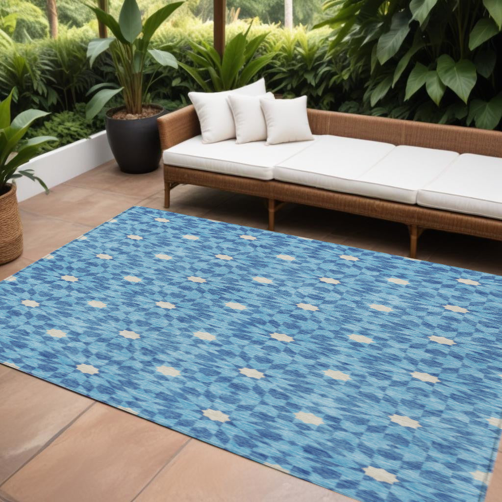 8' X 10' Denim Blue And Ivory Floral Medallion Washable Indoor Outdoor Area Rug