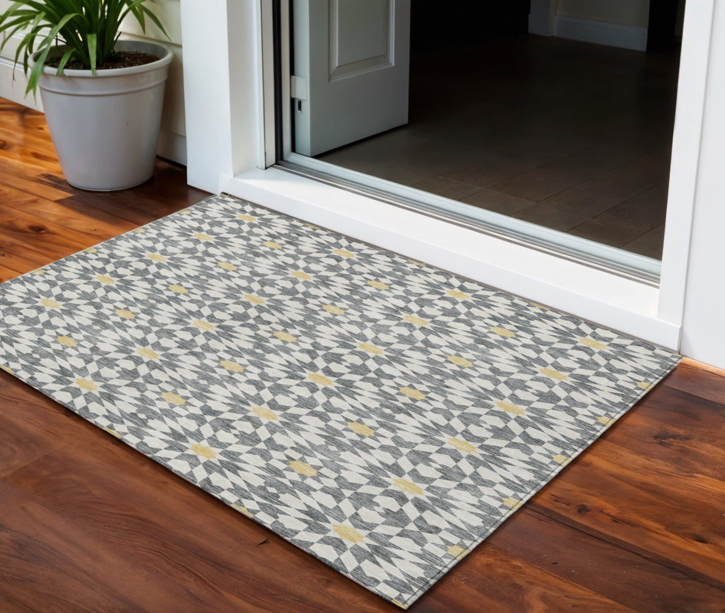3' X 5' Gray Ivory And Gold Floral Medallion Washable Indoor Outdoor Area Rug