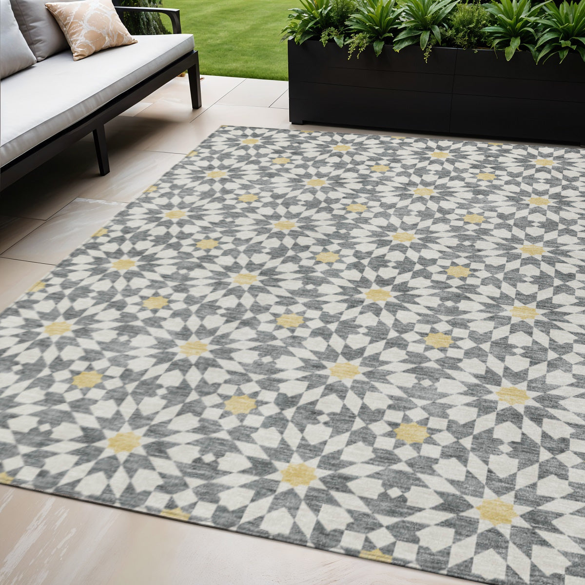 5' X 8' Gray Ivory And Gold Floral Medallion Washable Indoor Outdoor Area Rug