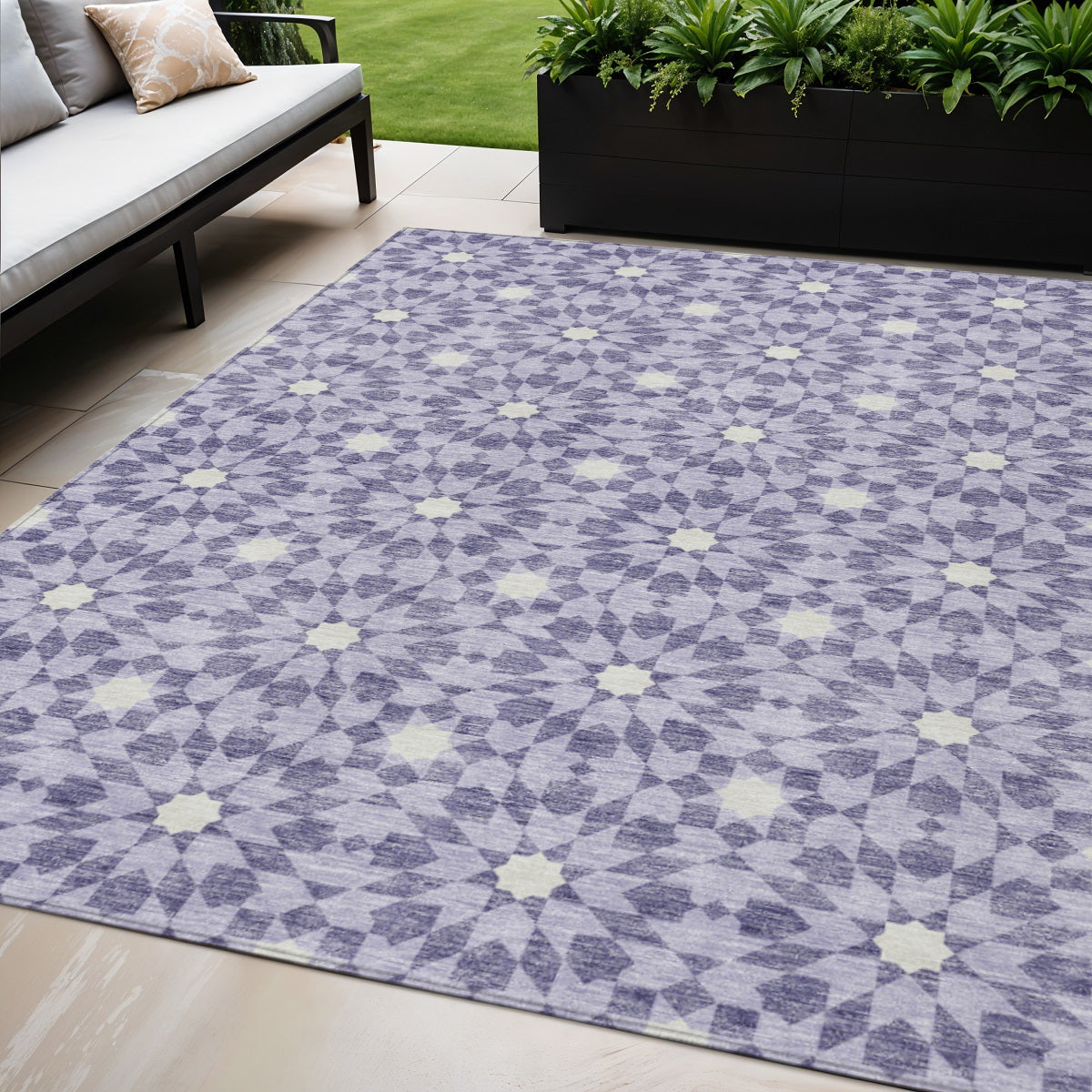 5' X 8' Lilac Purple And Ivory Floral Medallion Washable Indoor Outdoor Area Rug