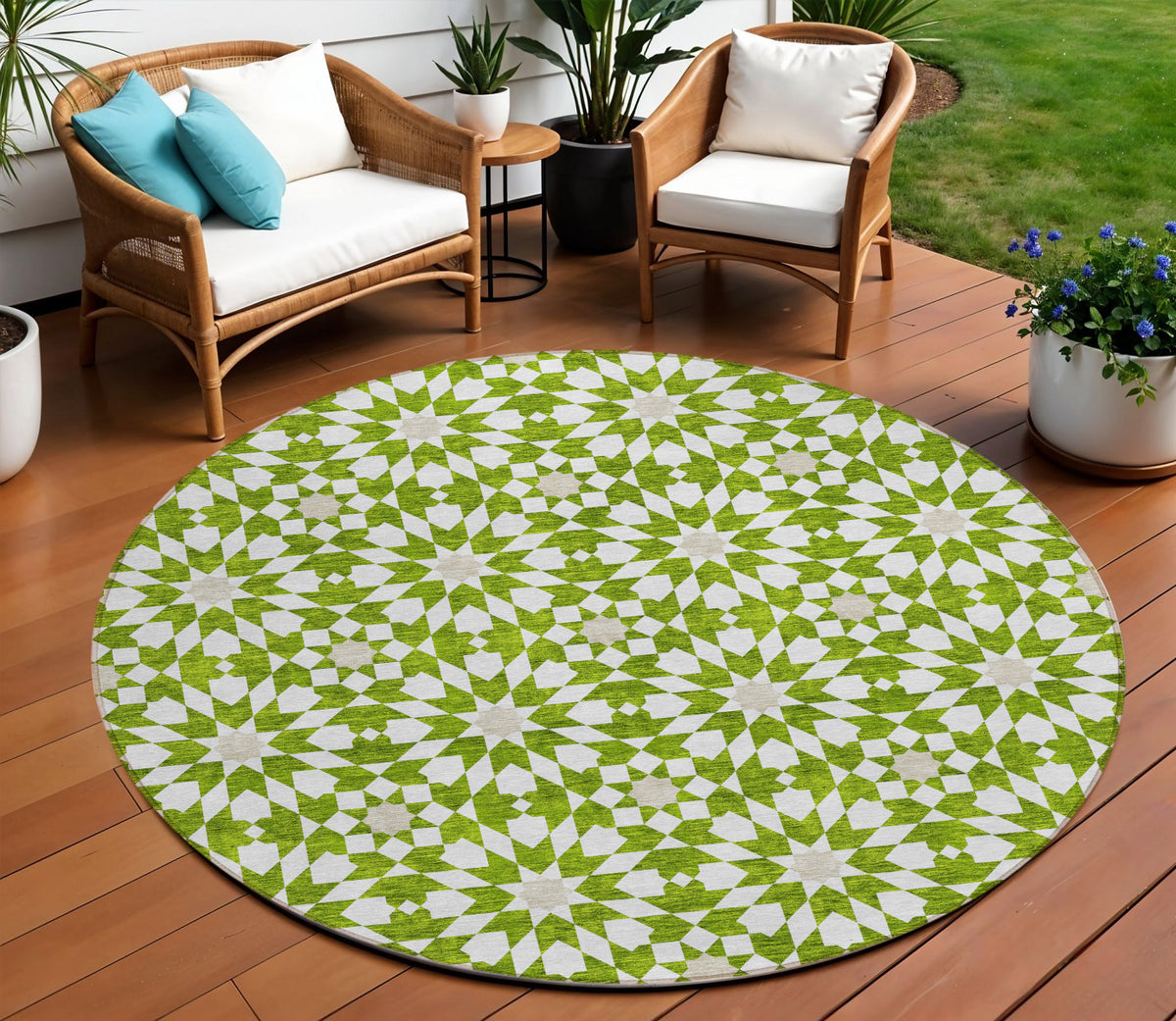 8' Lime Green Ivory And Beige Round Floral Medallion Washable Indoor Outdoor Area Rug