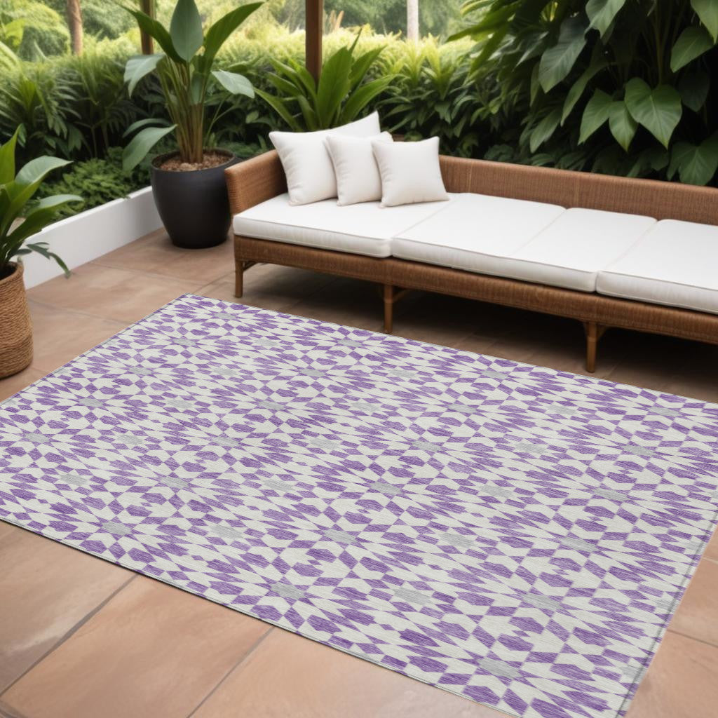 9' X 12' Lavender Purple And Ivory Floral Medallion Washable Indoor Outdoor Area Rug
