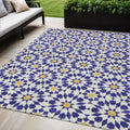 5' X 8' Navy Blue And Ivory Floral Medallion Washable Indoor Outdoor Area Rug