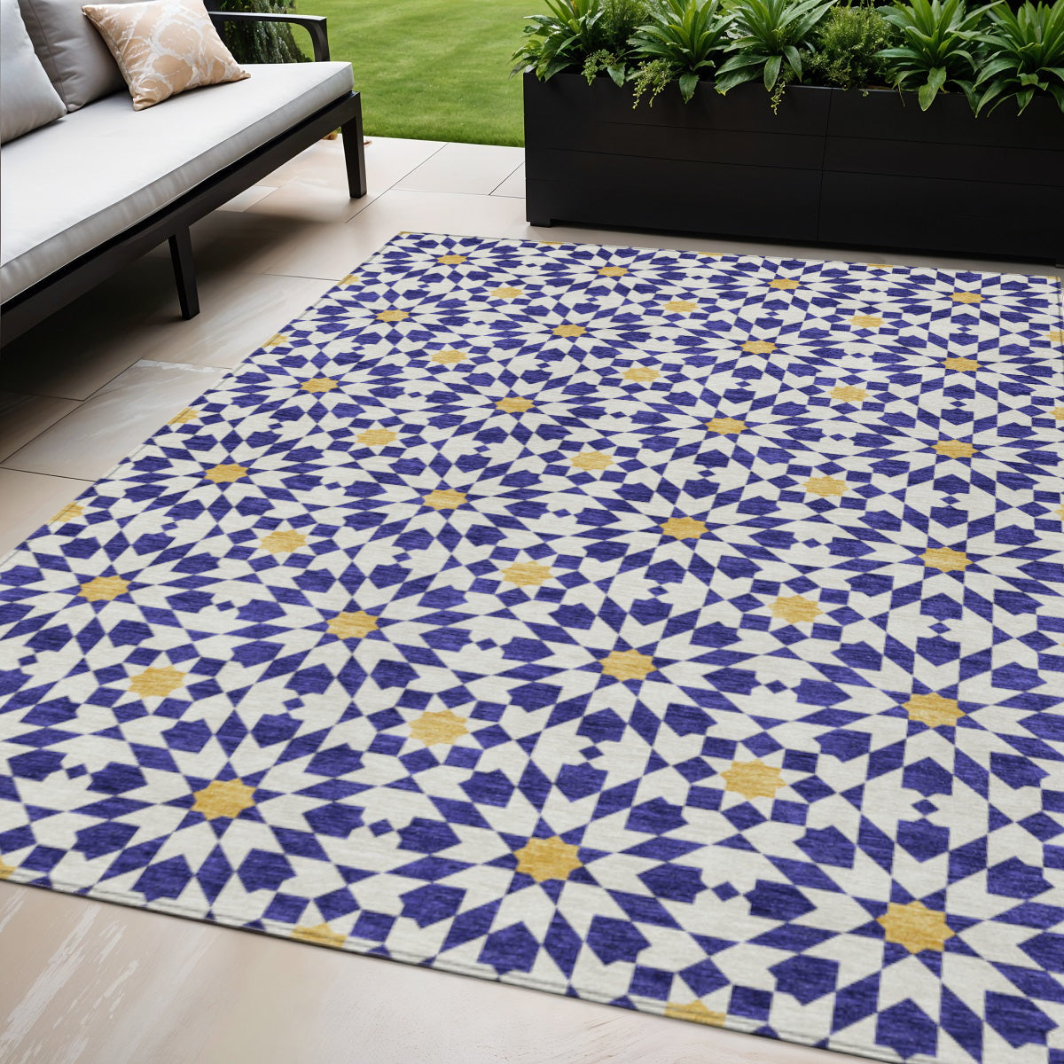 5' X 8' Navy Blue And Ivory Floral Medallion Washable Indoor Outdoor Area Rug