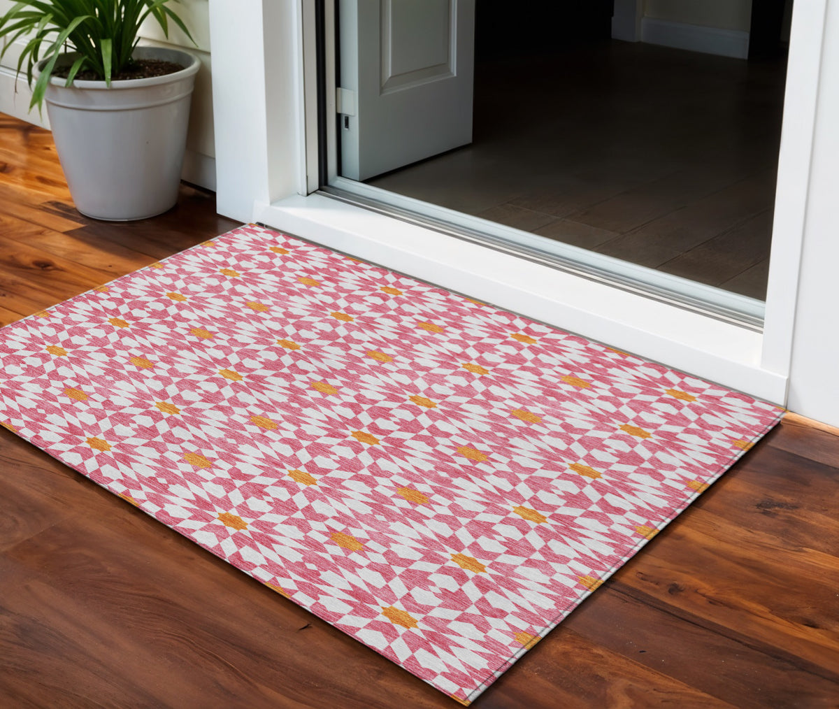 3' X 5' Pink Ivory And Orange Floral Medallion Washable Indoor Outdoor Area Rug