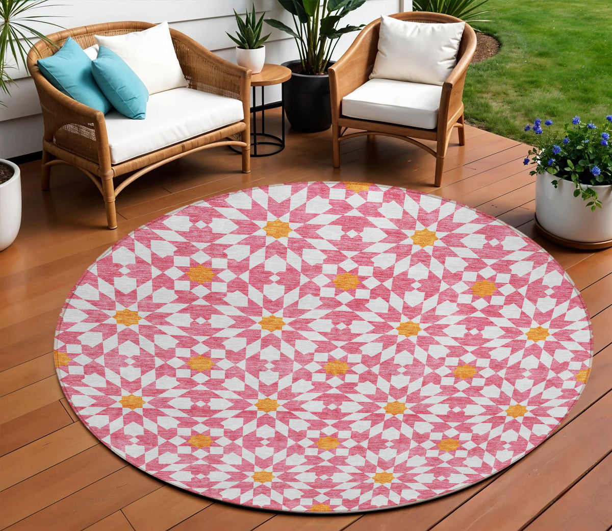 8' Pink Ivory And Orange Round Floral Medallion Washable Indoor Outdoor Area Rug