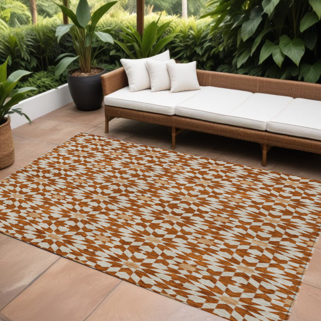 9' X 12' Orange Beige And Copper Floral Medallion Washable Indoor Outdoor Area Rug