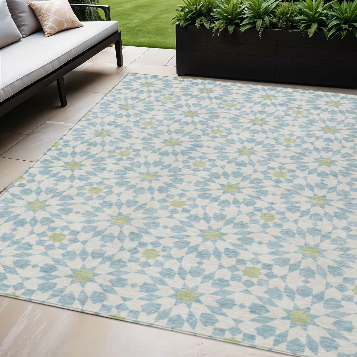 5' X 8' Sky Blue Ivory And Artichoke Green Floral Medallion Washable Indoor Outdoor Area Rug