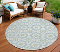 8' Sky Blue Ivory And Artichoke Green Round Floral Medallion Washable Indoor Outdoor Area Rug