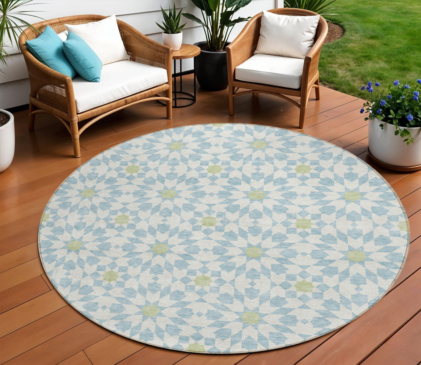 8' Sky Blue Ivory And Artichoke Green Round Floral Medallion Washable Indoor Outdoor Area Rug