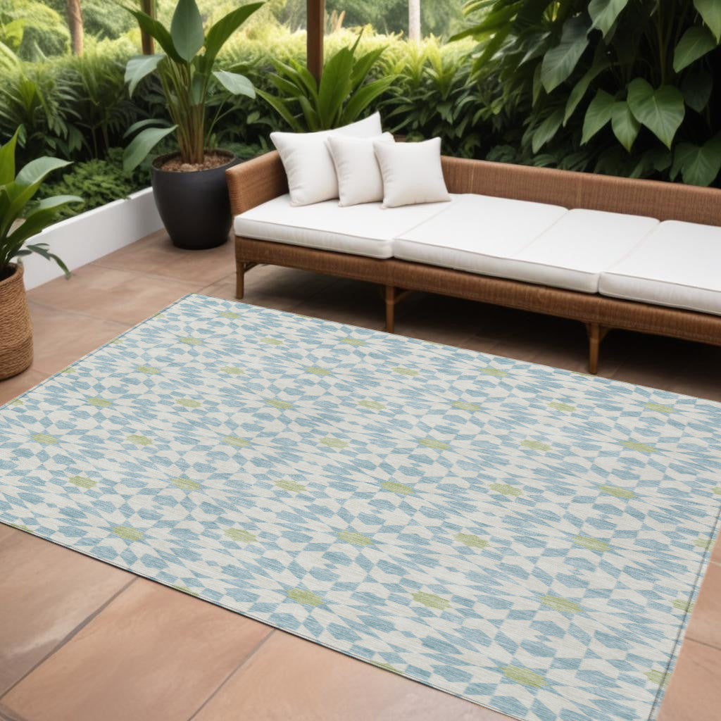 9' X 12' Sky Blue Ivory And Artichoke Green Floral Medallion Washable Indoor Outdoor Area Rug