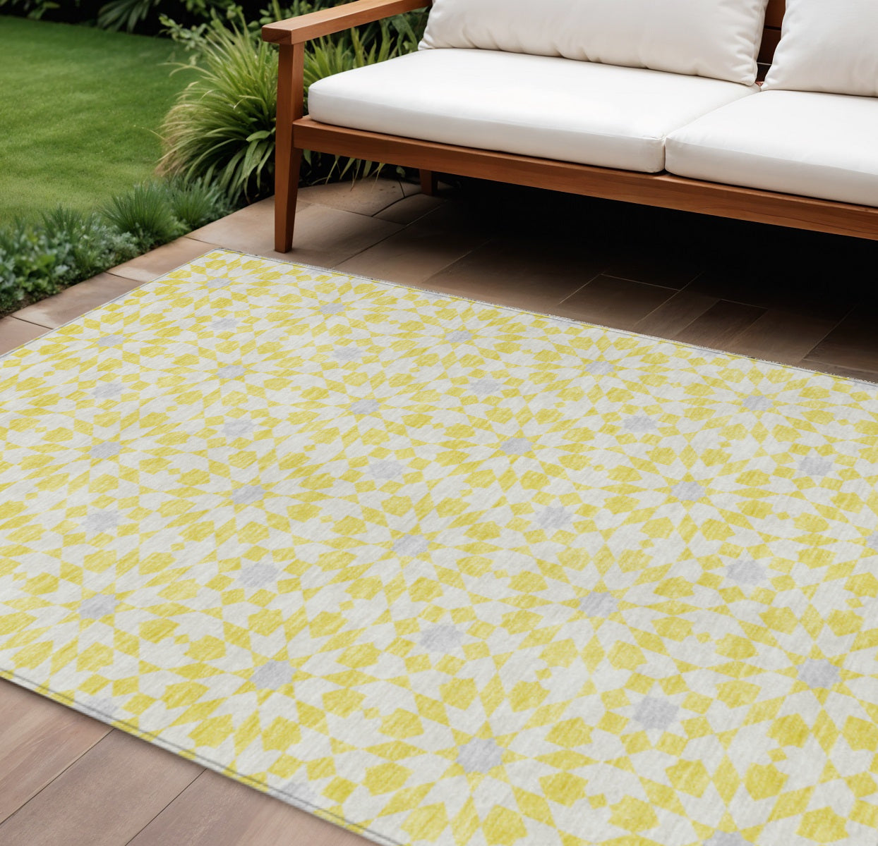 9' X 12' Yellow Ivory And Gray Floral Medallion Washable Indoor Outdoor Area Rug