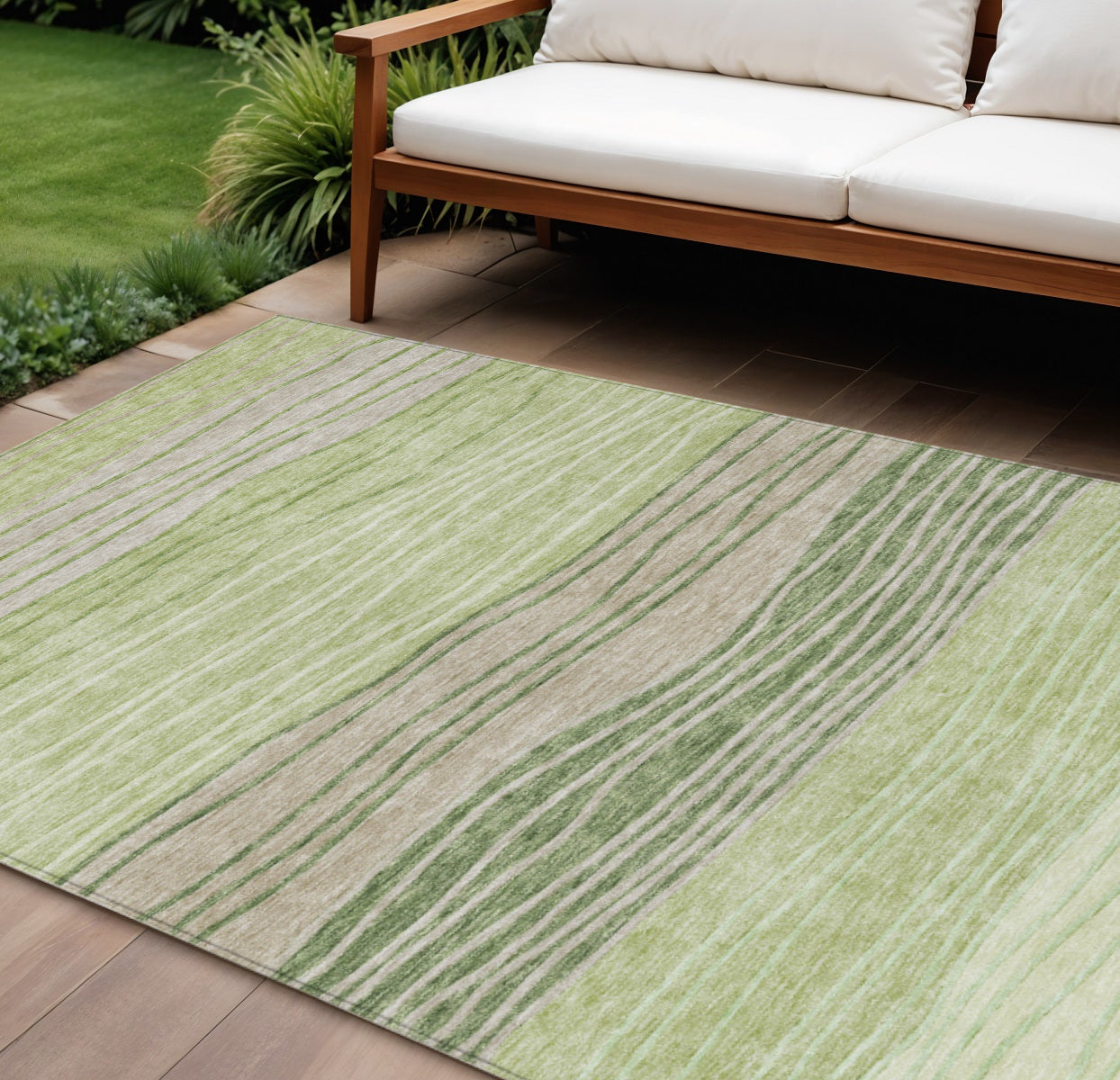 10' X 14' Artichoke Green And Taupe Striped Washable Indoor Outdoor Area Rug