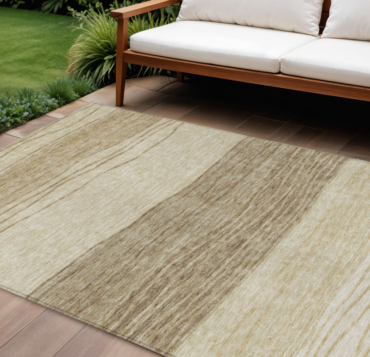 9' X 12' Beige Brown And Taupe Striped Washable Indoor Outdoor Area Rug